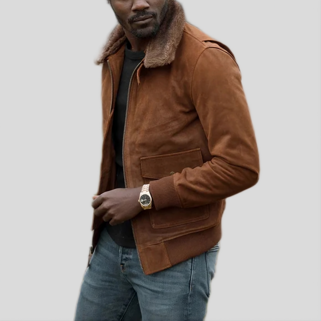 Men's Waxed Flesh Leather Bomber Jacket - Brown