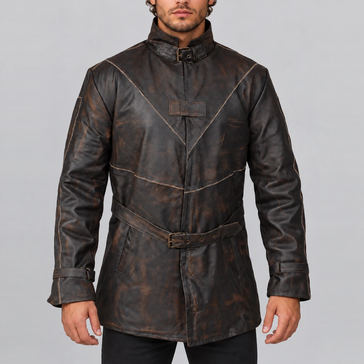 Men's Watch Dog Distressed Dark Brown Leather Coat
