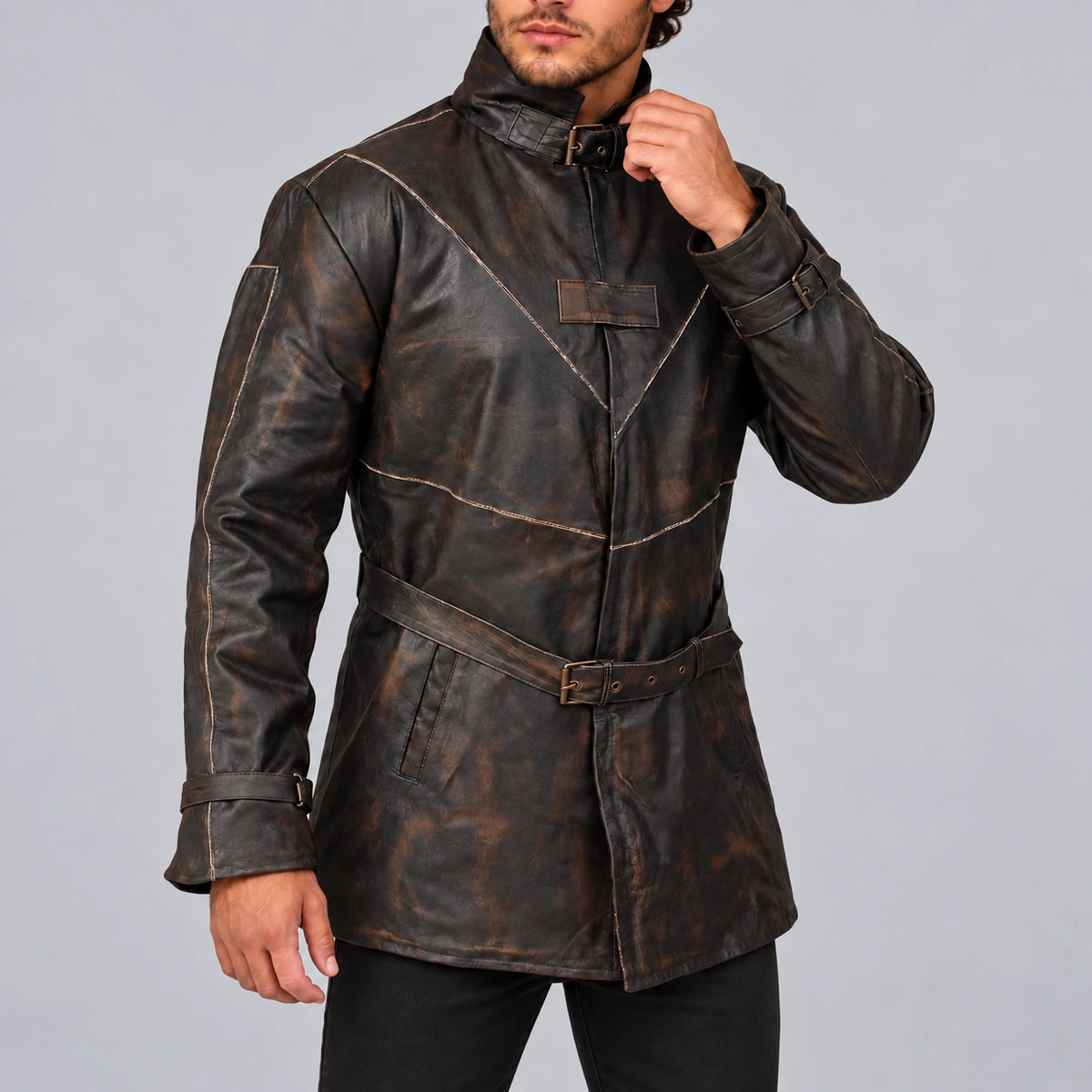 Men's Watch Dog Distressed Dark Brown Leather Coat